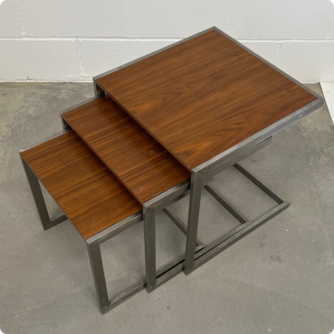 1980s Steel and Teak Wood Cantilever Nest of Tables