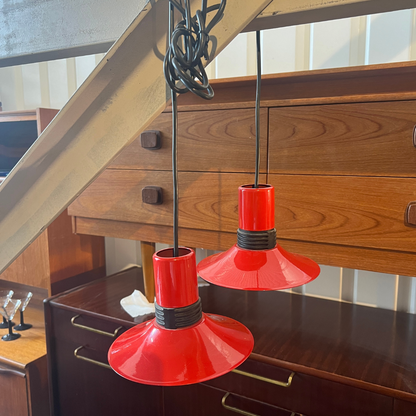 Pair of Retro Red Enamel Pendant Lights