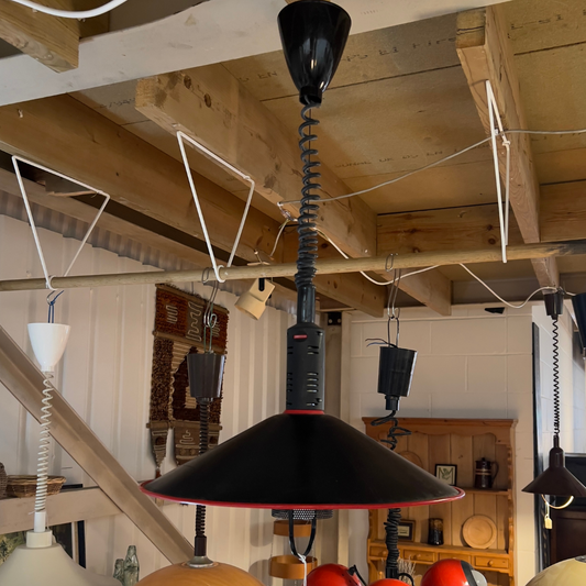 Danish Modernist Rise and Fall Pendant: Mid-Century Modern Ceiling Light with Black and Red Cone Shade