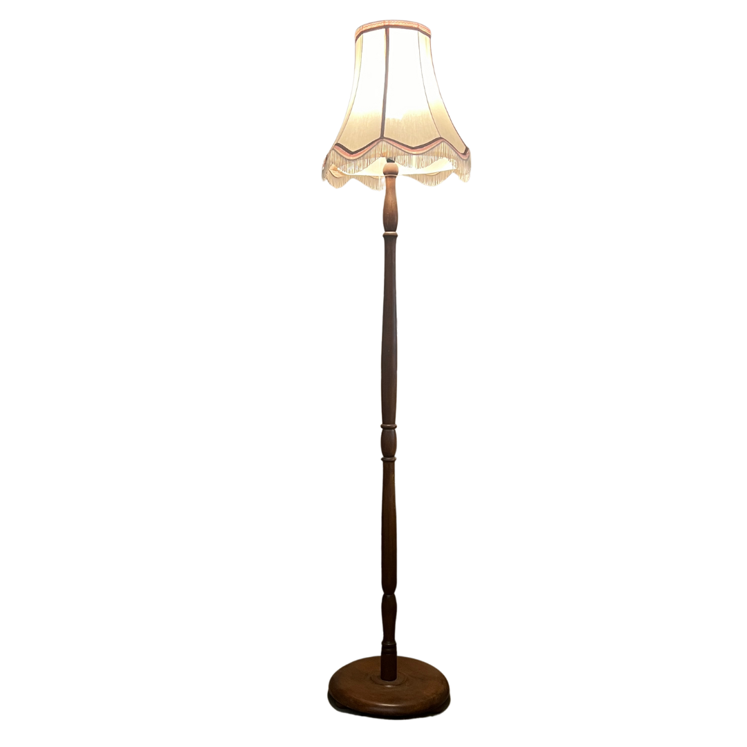 Edwardian Turned Mahogany Floor Lamp with Fringed Shade