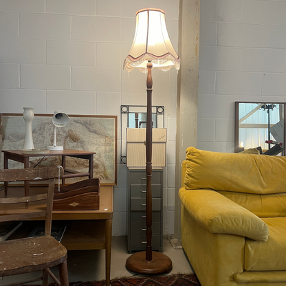 Edwardian Turned Mahogany Floor Lamp with Fringed Shade