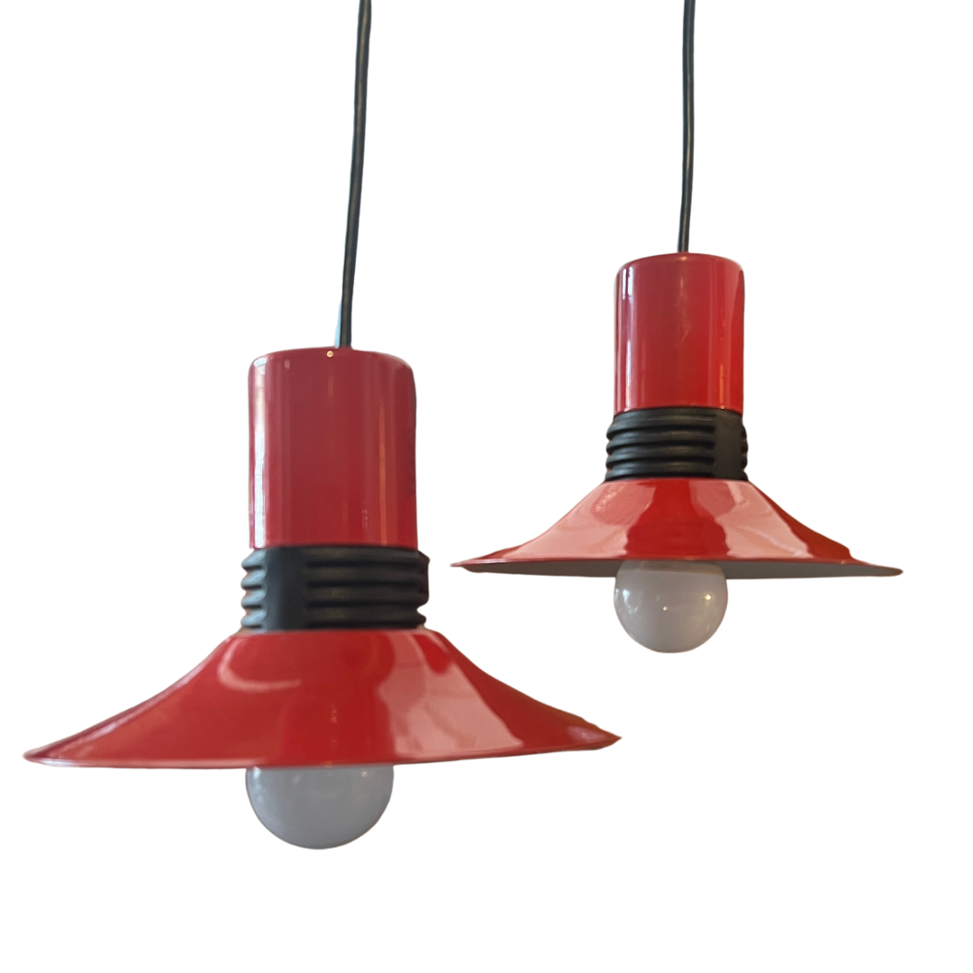 Pair of Retro Red Enamel Pendant Lights