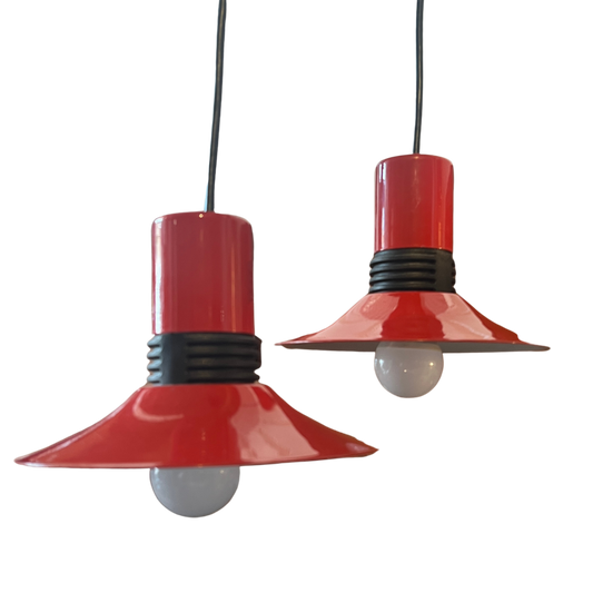 Pair of Retro Red Enamel Pendant Lights