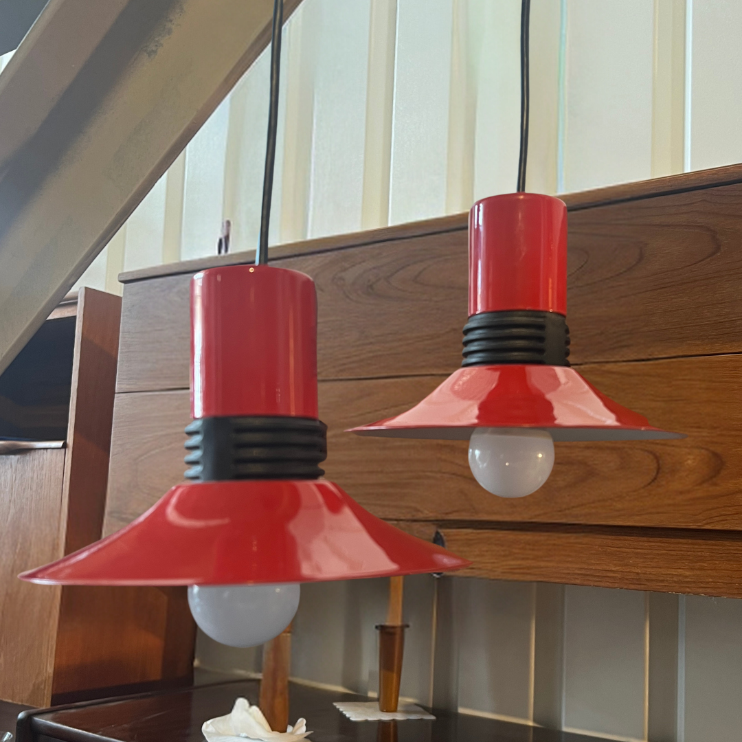 Pair of Retro Red Enamel Pendant Lights